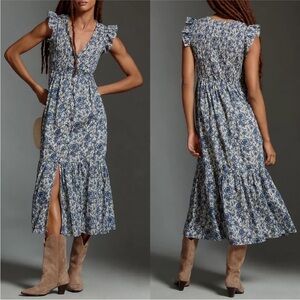 Anthropologie Blue Floral Midi Dress